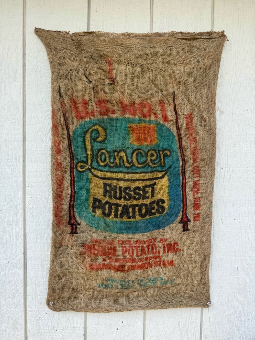 Vintage Lancer Russet Potato Burlap Sack – Colorful Farm Print | Rustic Decor
